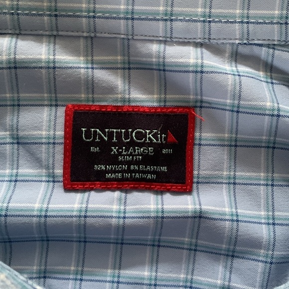 UNTUCKit X-Large Slim Fit Nylon Blue Button Down Shirt stretching plaid casual - Picture 4 of 12